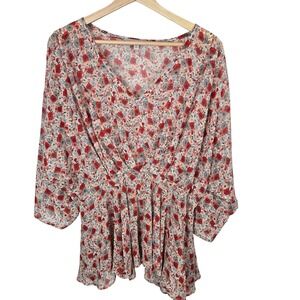 Hayden Los Angeles Blouse Medium Floral Flowy V-Neck Red Peasant Cottagecore‎